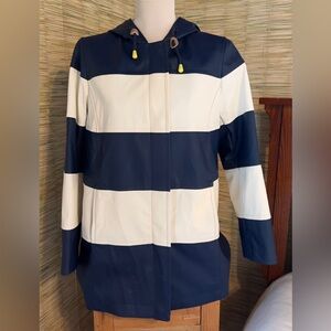 Talbots waterproof raincoat in great used condition. Nautical navy blue & white.